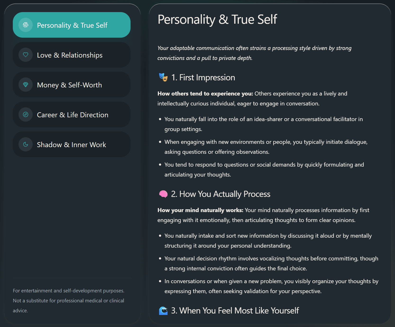 Psyveda Insight screen showing a personalized interpretation reading.